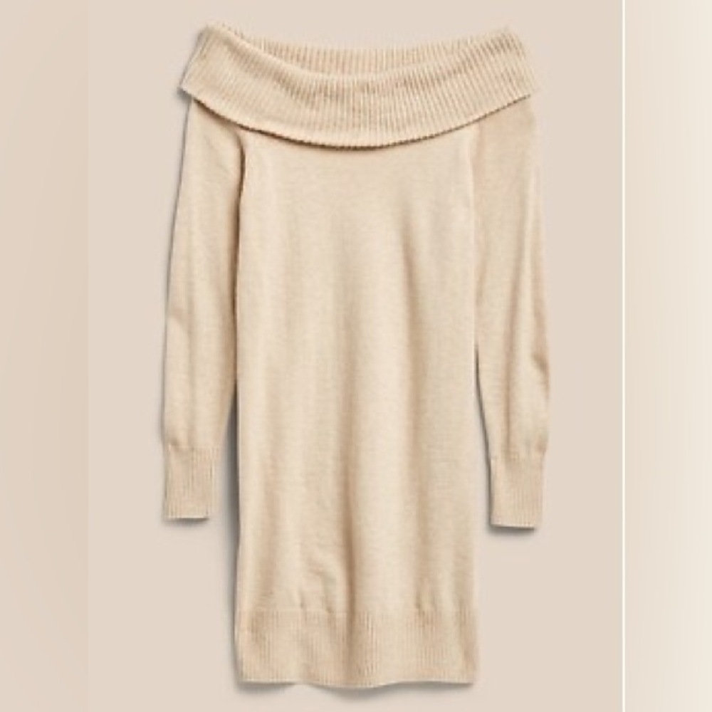 Banana Republic Off the Shoulder Sweater Dress Heather Beige Tan Knit Dress Cozy